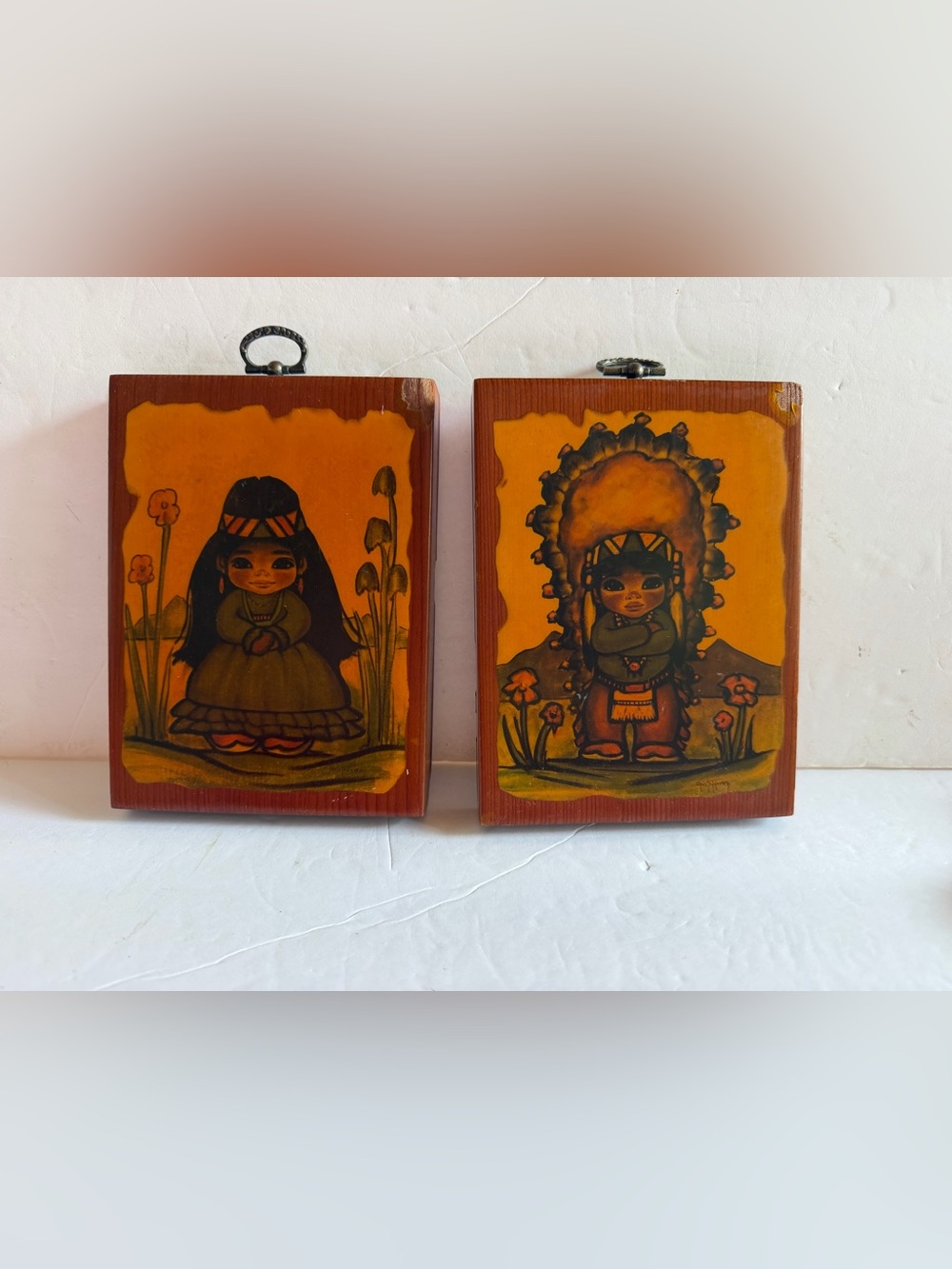 Pair Of Vintage Pictures Native American Children MCM On Wooden Plaque